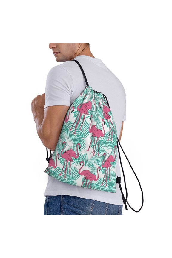 Flamingo Print Drawstring Backpack Bag Sport Gym Sackpack Heavy Duty String Backpack for Men Women