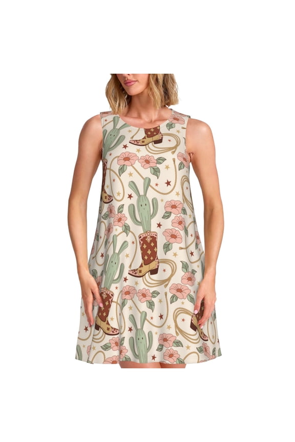 Floral Cowboy Boots Pattern Women's Sleeveless Dress - Casual Summer Dress with Pockets, Above Knee Length, Round Neck, Ideal for Beach, Vacation, Work