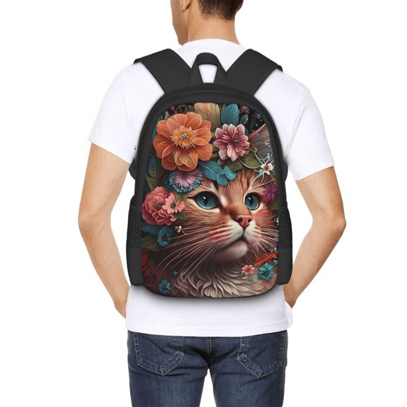 Ratiio Flower Crown Cat Backpack for Men and Women - Durable 600D Oxford Cloth -Large Capacity, Water-Resistant School, Travel, and Hiking Bag