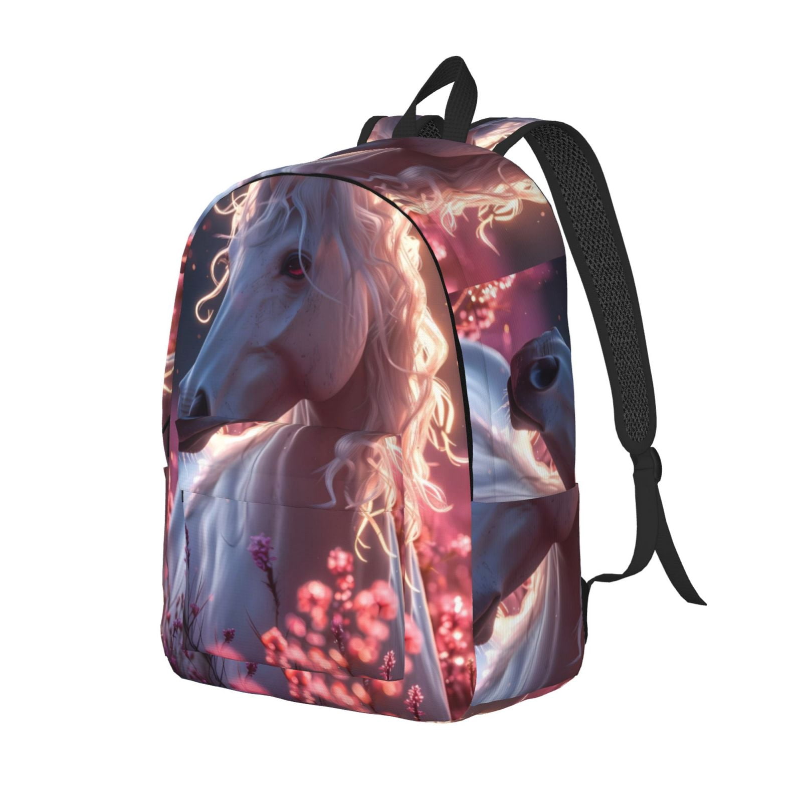 Asthetic Ricksack Ratiio Flower White Horse Print Canvas Backpack for Women & Men Retro ...