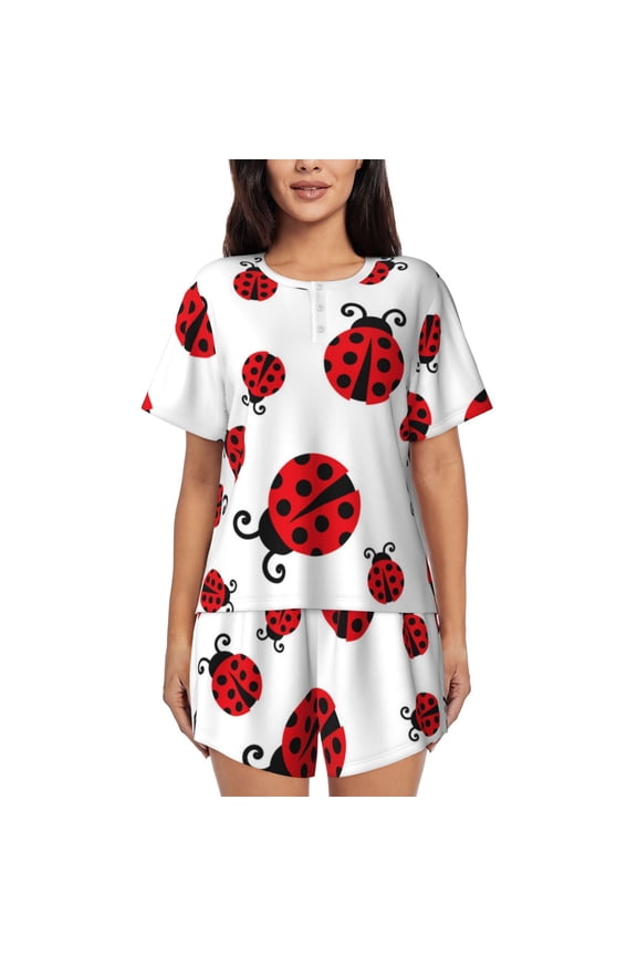 Fly Flying Ladybug Print Womens Pajama Sets 2 Piece Soft Short Sleeve Top and Shorts Sleepwear Round Neck Pjs Lounge Set