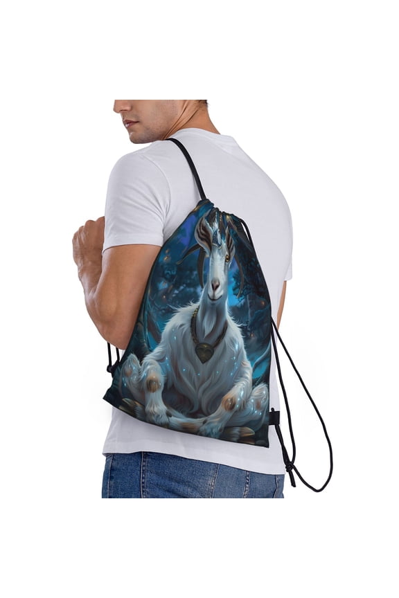 Forest Meditating Goat Print Drawstring Backpack Bag Sport Gym Sackpack Heavy Duty String Backpack for Men Women