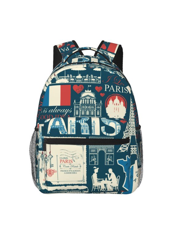 France and Paris Print Eco-Friendly Casual Backpack, Water-Resistant Polyester Canvas Daypack with Smooth Zippers, Comfortable & Durable Travel Bag with Laptop Compartment