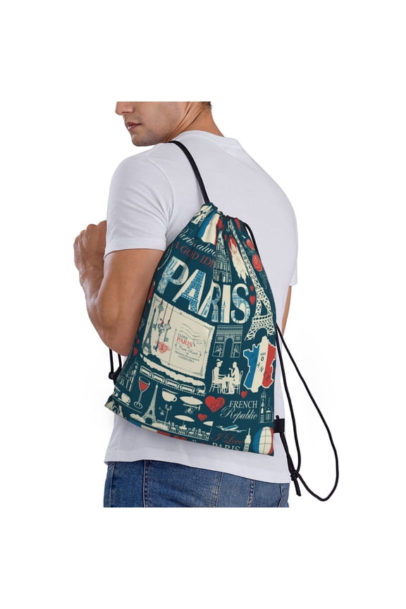 France and Paris Print Drawstring Backpack Bag Sport Gym Sackpack Heavy Duty String Backpack for Men Women