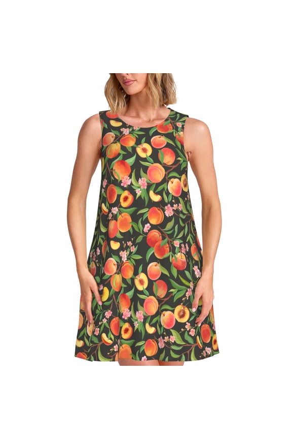 Fruits Peach Pattern Women's Sleeveless Dress - Casual Summer Dress with Pockets, Above Knee Length, Round Neck, Ideal for Beach, Vacation, Work