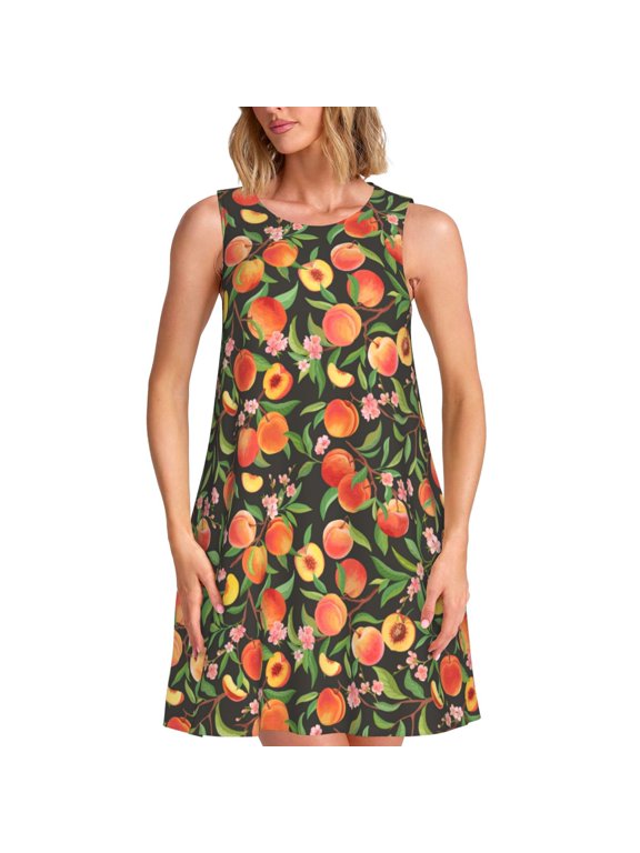 Fruits Peach Pattern Women's Sleeveless Dress - Casual Summer Dress with Pockets, Above Knee Length, Round Neck, Ideal for Beach, Vacation, Work