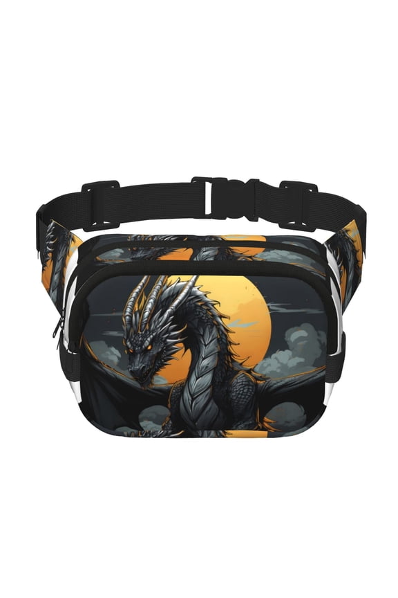 Full Moon Black Dragon Pattern Square Double Layer Waist Bag, Durable Twill Fabric Waist Pack with Adjustable Belt,Outdoor Hiking, Running, Travel Waist Bag