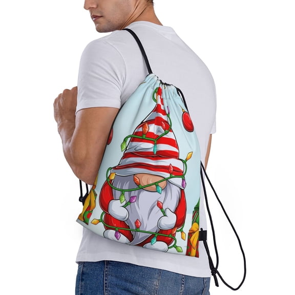 Ratiio Funny Christmas Gnome Print Drawstring Backpack Bag Sport Gym Sackpack Heavy Duty String Backpack for Men Women