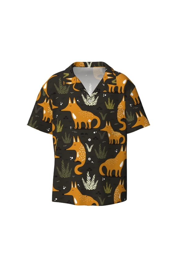 Funny Fox by the Field Print Mens Casual Short Sleeve Shirts Button Down Textured Shirts Summer Beach Shirt with Pocket Men's Casual Short-sleeved Shirt