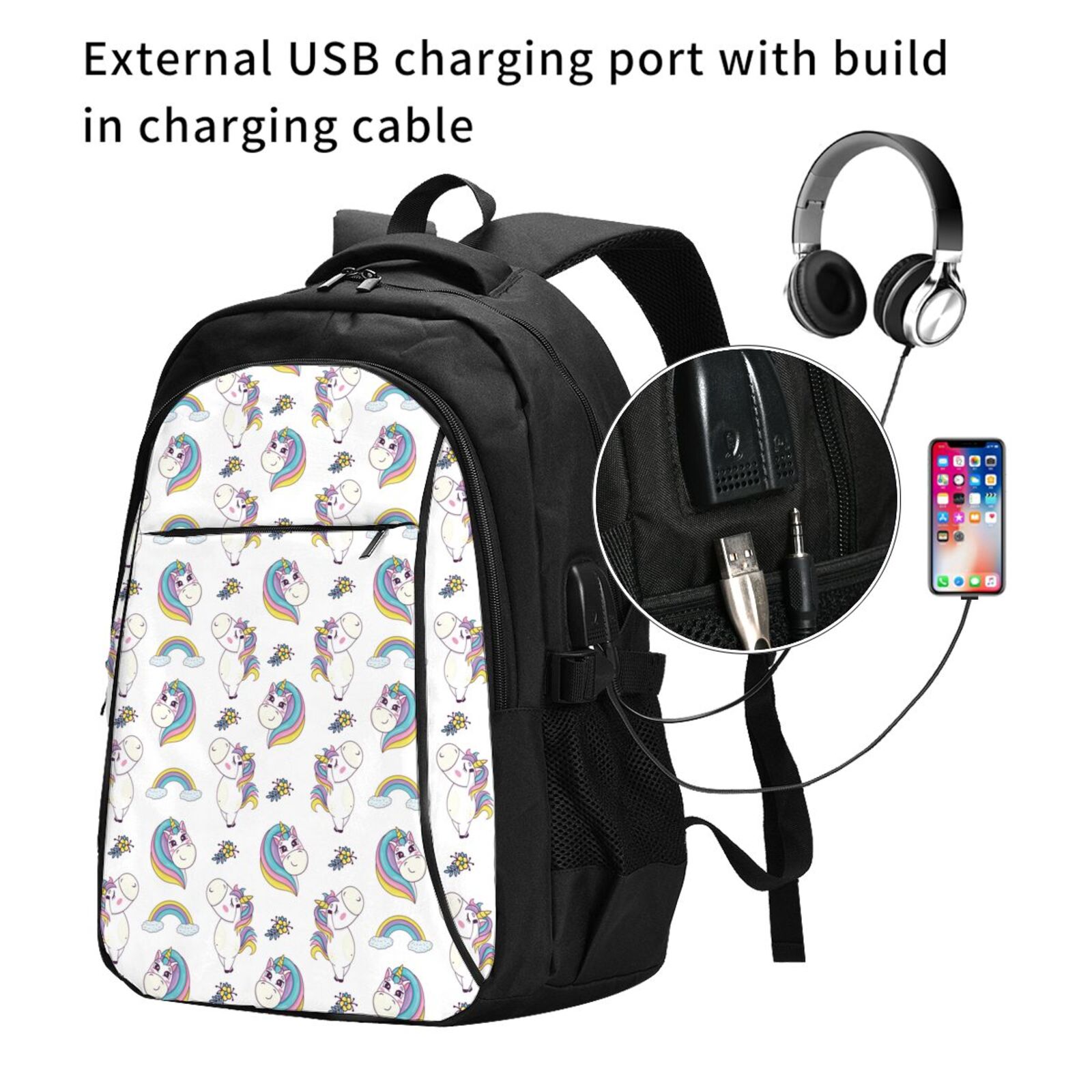 Ratiio Funny Kawaii Unicorns Dancing Print Travel Laptop Backpack,Slim Sturdy Laptops Backpack with USB Charging Port, Water Resistant College School Computer Bag