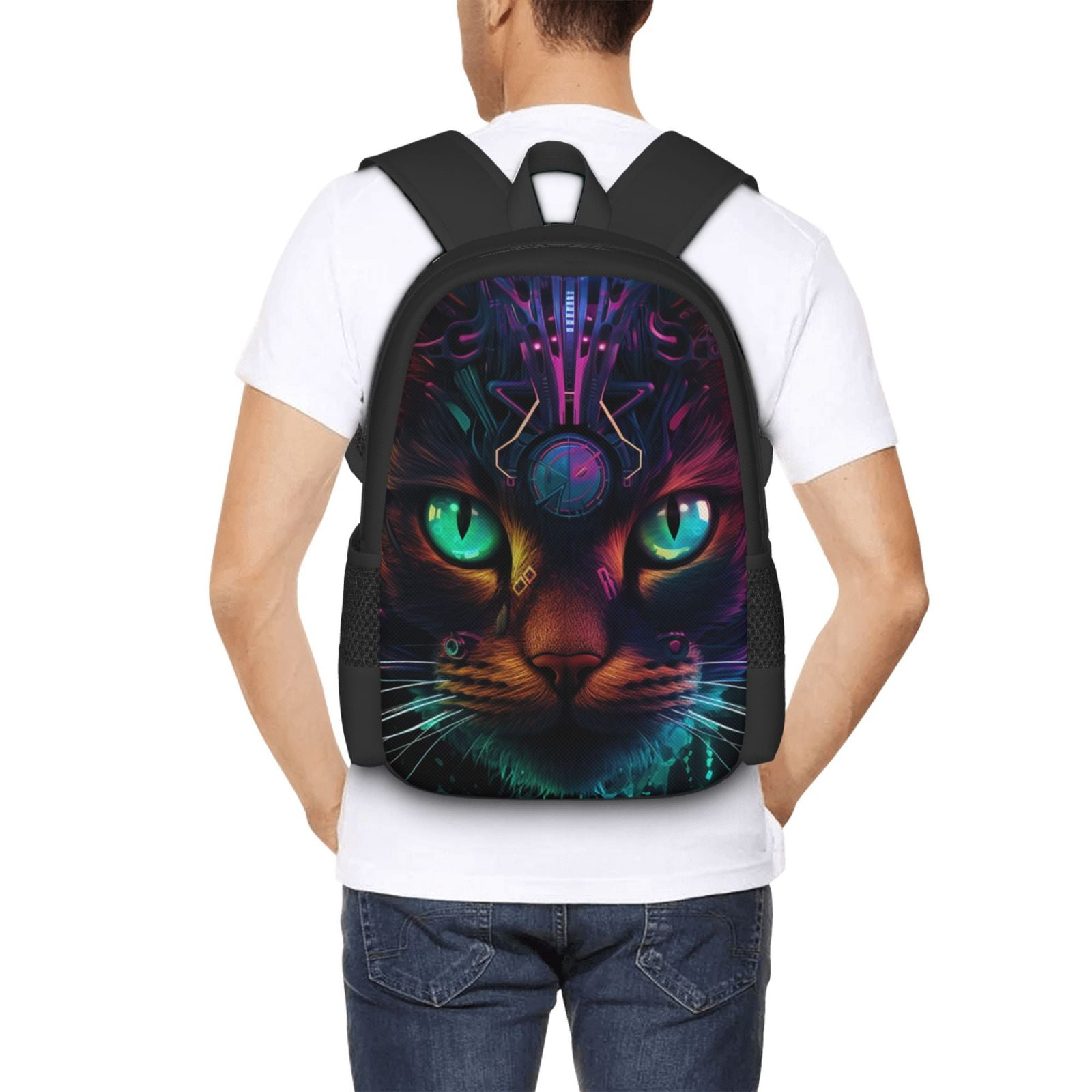 Ratiio Futuristic Cat Warrior Backpack for Men and Women - Durable 600D Oxford Cloth -Large Capacity, Water-Resistant School, Travel, and Hiking Bag