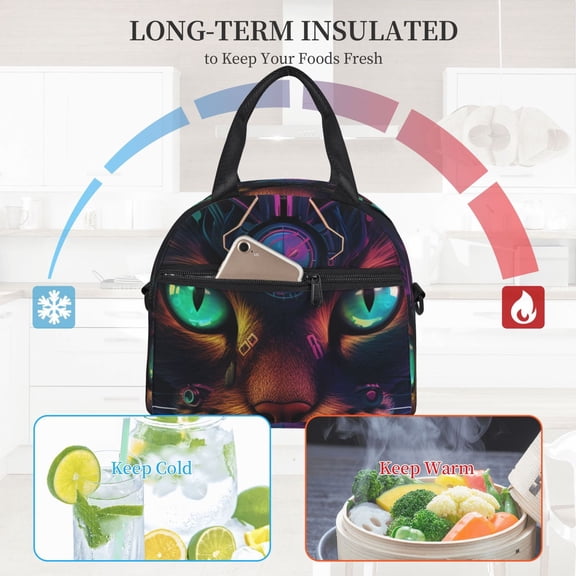 Ratiio Futuristic Cat Warrior Pattern Lunch Bag ,Insulated Lunch Box, Small Leakproof Cooler Food Lunch Containers Reusable High Capacity Lunch Tote Bags