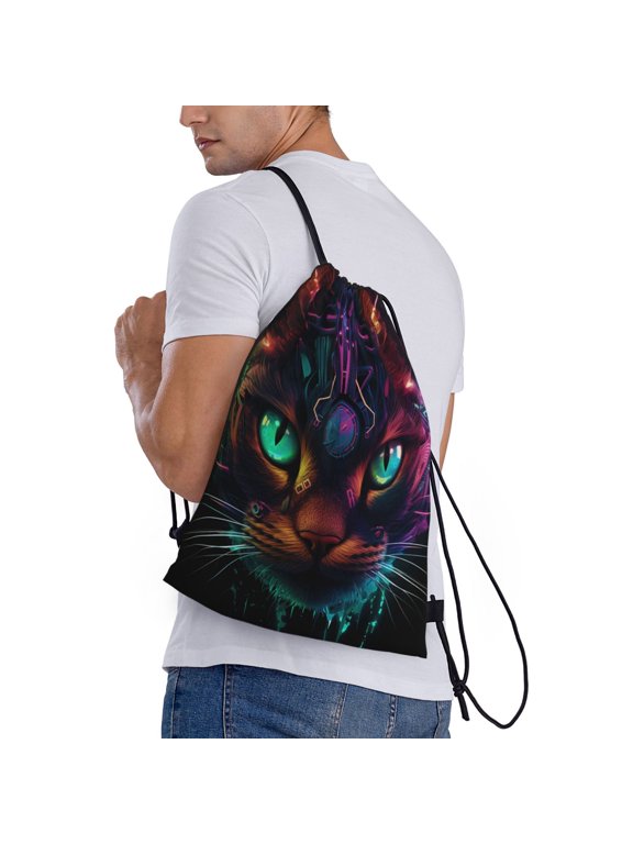 Futuristic Cat Warrior Print Drawstring Backpack Bag Sport Gym Sackpack Heavy Duty String Backpack for Men Women