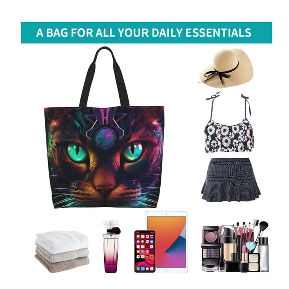 Ratiio Futuristic Cat Warrior Print Reusable Grocery Bags - Washable, Foldable, Packable Tote, Large Handles, Heavy Duty, Zippered Top Pouch