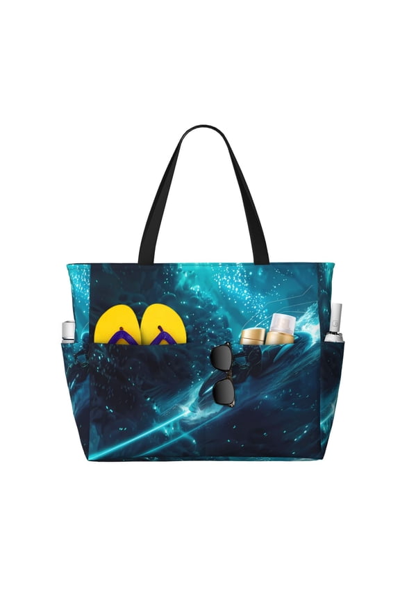 Futuristic Jet Ski Adventure Print Large Capacity Beach Travel Bag, Polyester Waterproof Tote Bag with Zipper for Vacation and Daily Use