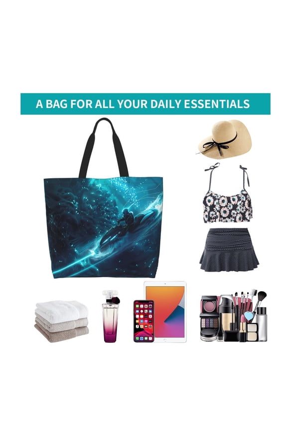 Futuristic Jet Ski Adventure Print Reusable Grocery Bags - Washable, Foldable, Packable Tote, Large Handles, Heavy Duty, Zippered Top Pouch