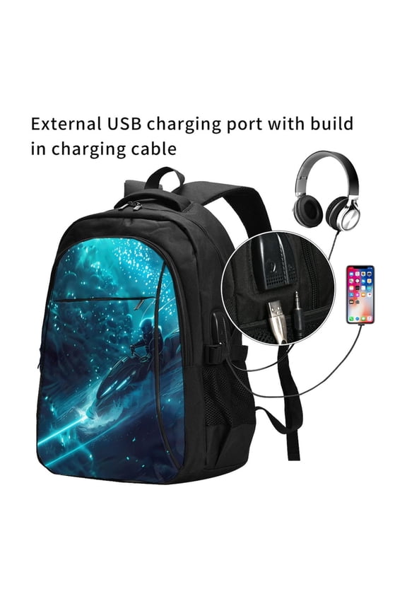 Futuristic Jet Ski Adventure Print Travel Laptop Backpack,Slim Sturdy Laptops Backpack with USB Charging Port, Water Resistant College School Computer Bag