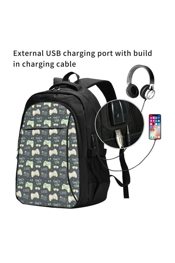 Gamers Print Travel Laptop Backpack,Slim Sturdy Laptops Backpack with USB Charging Port, Water Resistant College School Computer Bag