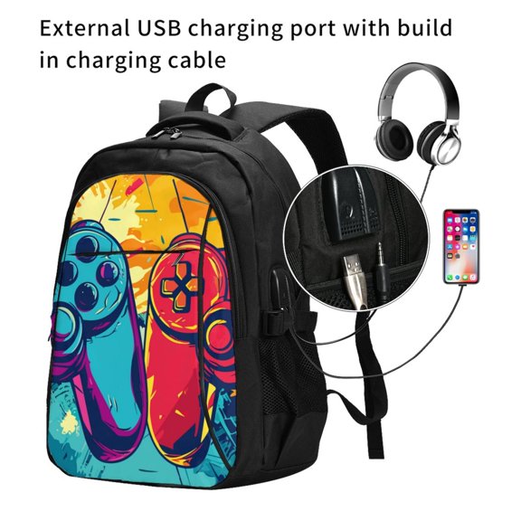 Ratiio Gaming Print Travel Laptop Backpack,Slim Sturdy Laptops Backpack with USB Charging Port, Water Resistant College School Computer Bag