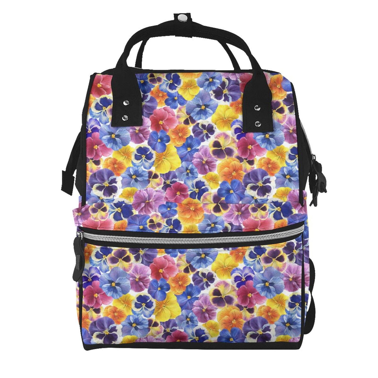 Ratiio The Garden Tricolor Pansy Flower Mummy Backpack - Waterproof Twill Canvas, Large Capacity Diaper Bag with Multiple Pockets and Adjustable Straps