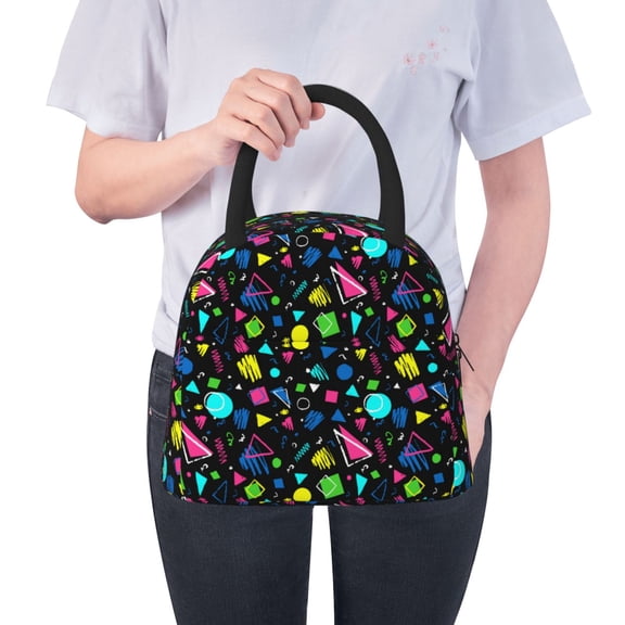 Ratiio Geometric 1980s Styled Print Insulated Lunch Bag Women Reusable Lunch Box with Pocket for Work Picnic Travel