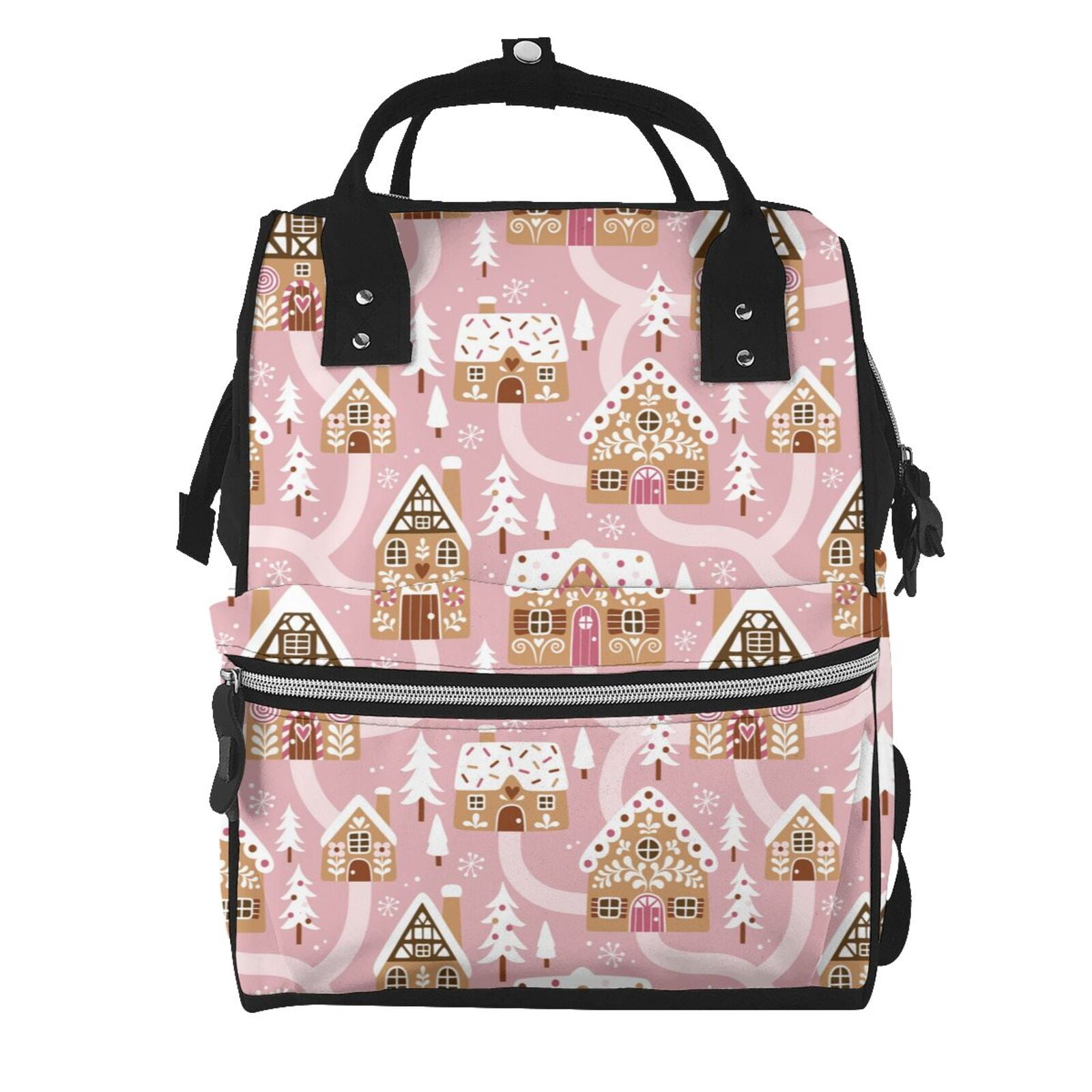 Ratiio Gingerbread Houses Pink Wonderland Mummy Backpack - Waterproof Twill Canvas, Large Capacity Diaper Bag with Multiple Pockets and Adjustable Straps
