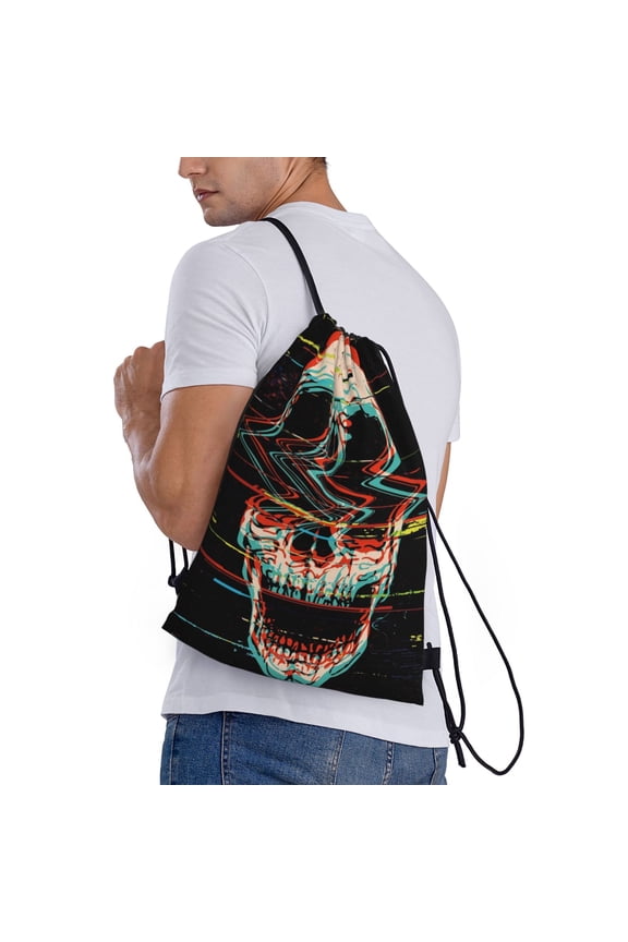 Glitch Screaming Skull Print Drawstring Backpack Bag Sport Gym Sackpack Heavy Duty String Backpack for Men Women