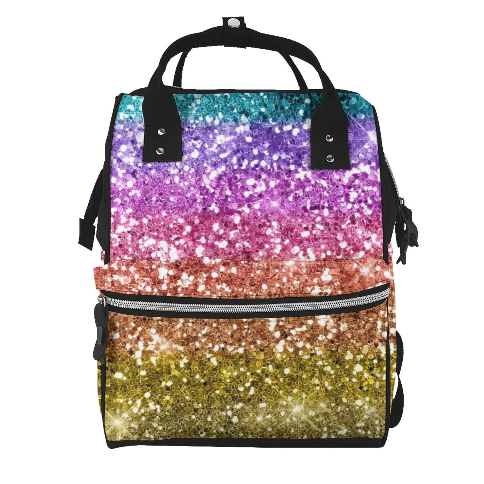 Ratiio Glitter Rainbow Mummy Backpack - Waterproof Twill Canvas, Large Capacity Diaper Bag with Multiple Pockets and Adjustable Straps