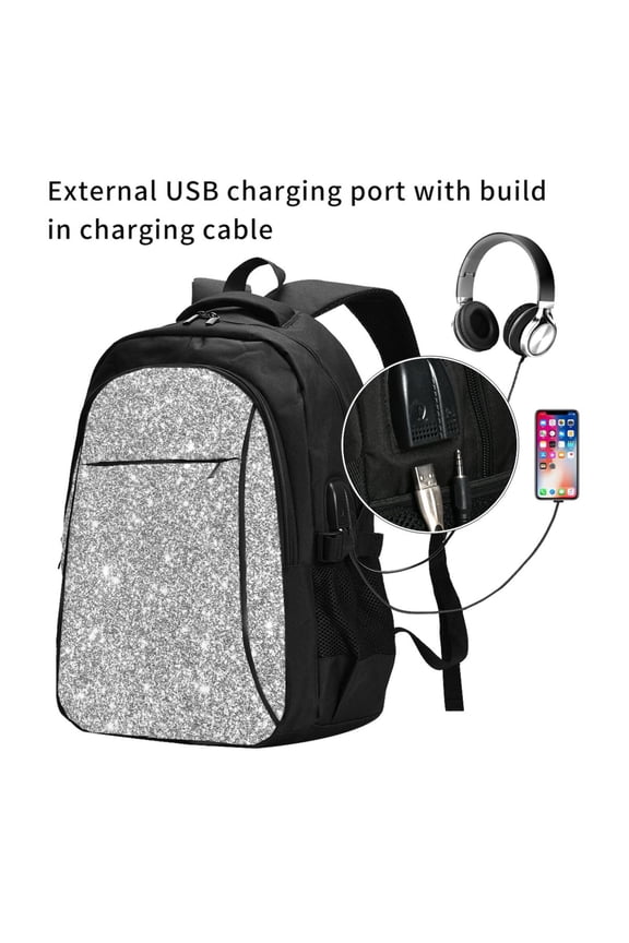 GlitterSilver Print Travel Laptop Backpack,Slim Sturdy Laptops Backpack with USB Charging Port, Water Resistant College School Computer Bag