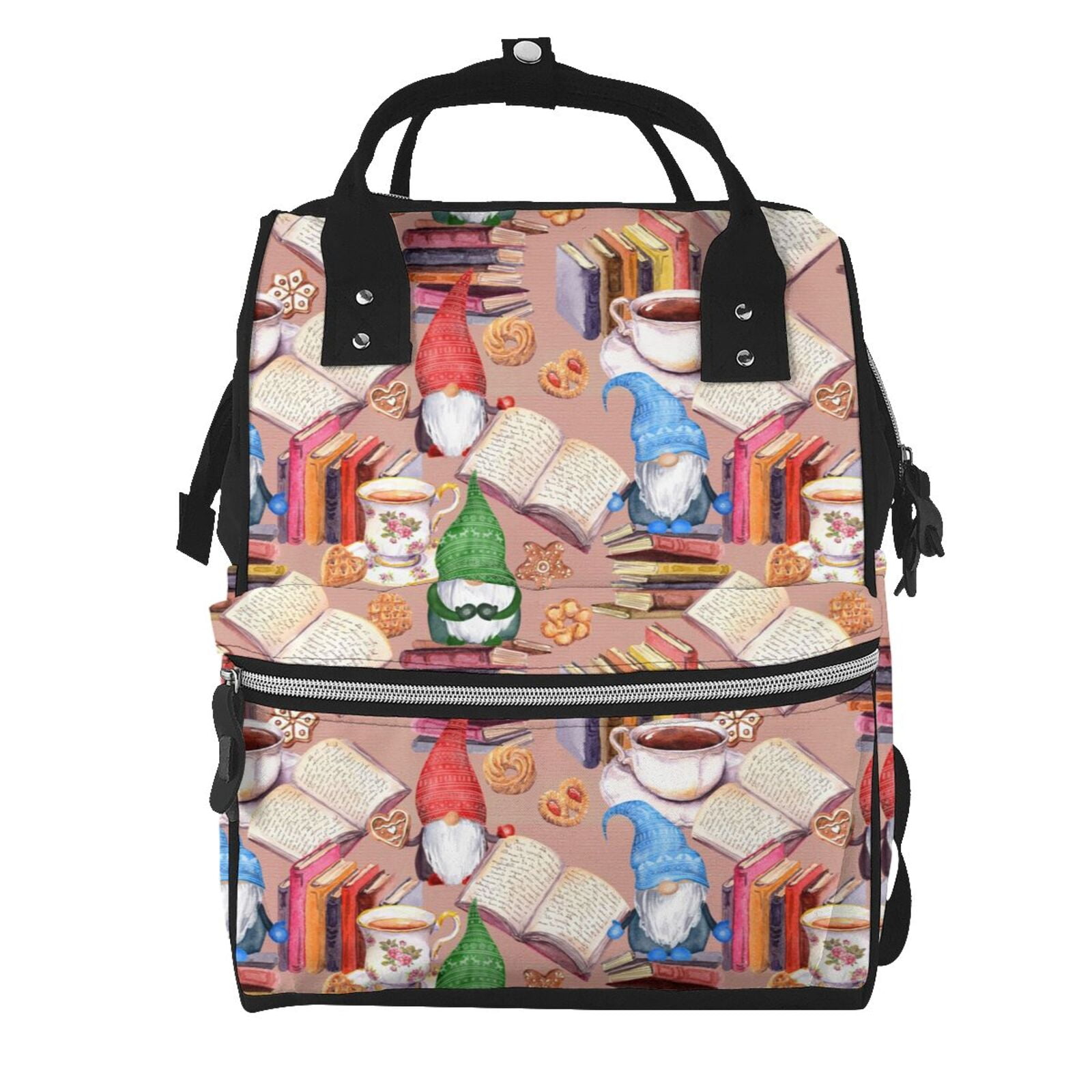 Ratiio Gnomes Books Tea Cups Mummy Backpack - Waterproof Twill Canvas, Large Capacity Diaper Bag with Multiple Pockets and Adjustable Straps