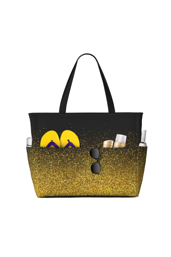 Gold Glitter Gradient Print Large Capacity Beach Travel Bag, Polyester Waterproof Tote Bag with Zipper for Vacation and Daily Use