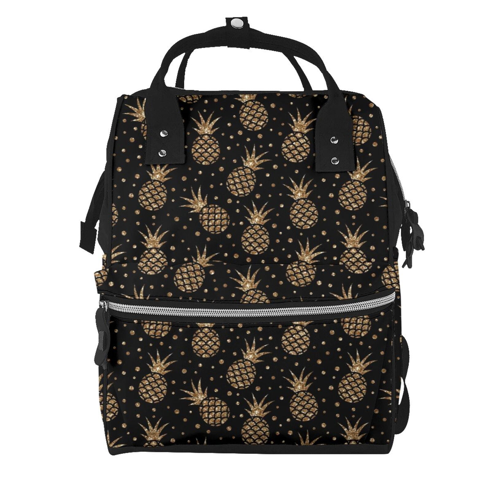Ratiio Gold Glitter Pineapples Mummy Backpack - Waterproof Twill Canvas, Large Capacity Diaper Bag with Multiple Pockets and Adjustable Straps