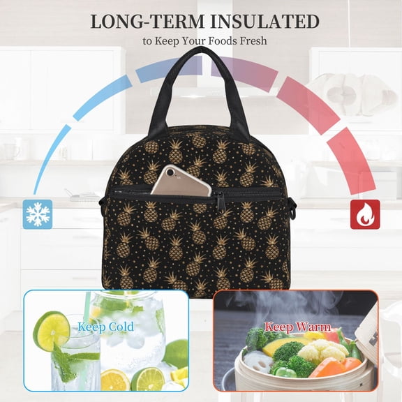 Ratiio Gold Glitter Pineapples Pattern Lunch Bag ,Insulated Lunch Box, Small Leakproof Cooler Food Lunch Containers Reusable High Capacity Lunch Tote Bags