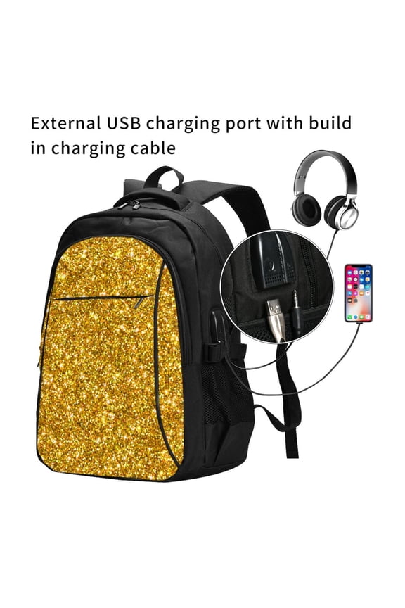 Gold Glitter Print Travel Laptop Backpack,Slim Sturdy Laptops Backpack with USB Charging Port, Water Resistant College School Computer Bag