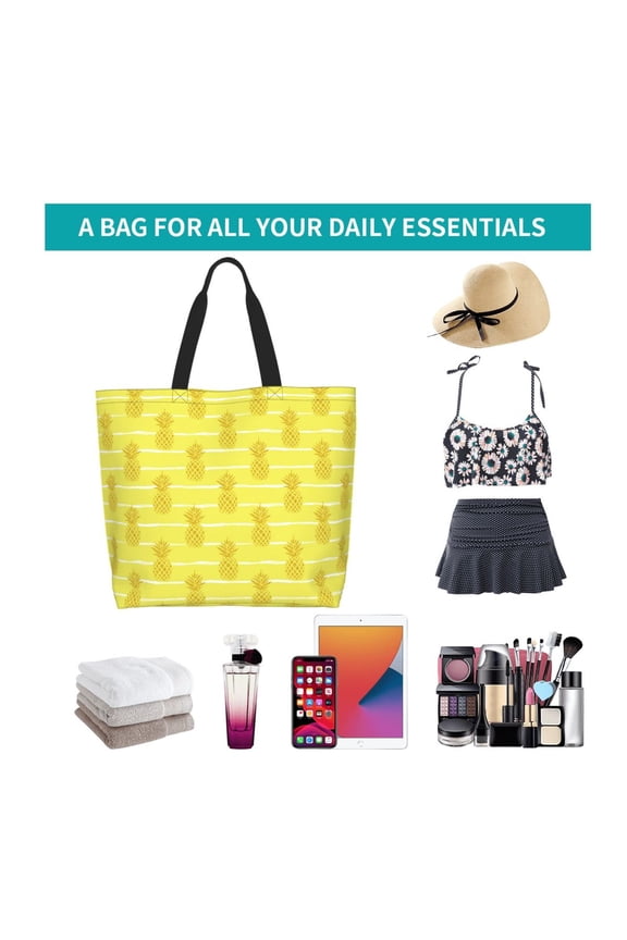 Gold Pineapple Print Reusable Grocery Bags - Washable, Foldable, Packable Tote, Large Handles, Heavy Duty, Zippered Top Pouch