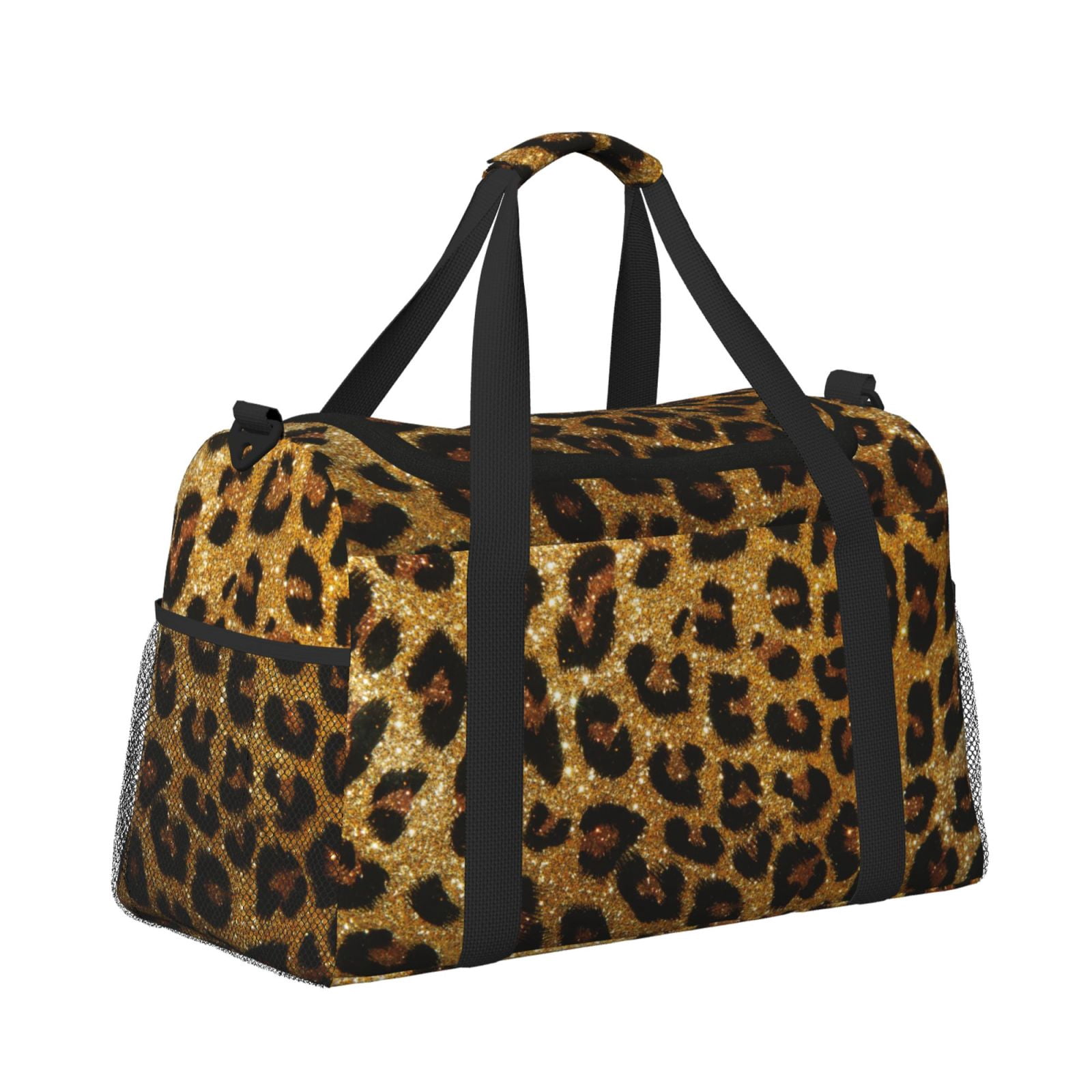 Ratiio Golden Leopard Glitter Pattern Hand Travel Bag, Weekender Carry On for Women Men, Sports Gym Bag, Workout Duffel Bag, Overnight Shoulder Bag fit 15.6 Inch Laptop