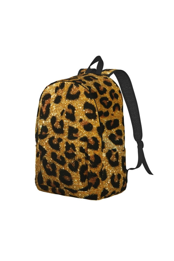 Golden Leopard Glitter Print Canvas Backpack for Women & Men Retro Aesthetic Rucksack Basic Backpack for High School/College Students Travel Laptop Bag