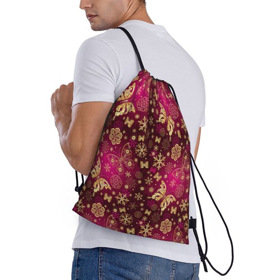 Ratiio Golden Snowflakes And And Butterflies Print Drawstring Backpack Bag Sport Gym Sackpack Heavy Duty String Backpack for Men Women