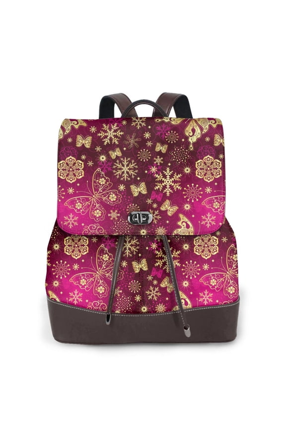 Golden Snowflakes And And Butterflies Pattern Womens Backpack Purse Leather Backpack Purse for Women Travel Fashion Backpack Designer Ladies Shoulder Bags