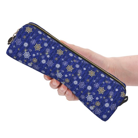 Ratiio Golden Snowflakes Royal Blue Pattern Leather Pencil Case, Pencil Pouch with Durable Zipper, Compact and Stylish Organizer for Stationery, Art Supplies, Travel Essentials