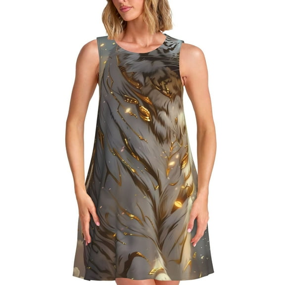 Ratiio Golden White Tiger Pattern Women's Sleeveless Dress - Casual Summer Dress with Pockets, Above Knee Length, Round Neck, Ideal for Beach, Vacation, Work