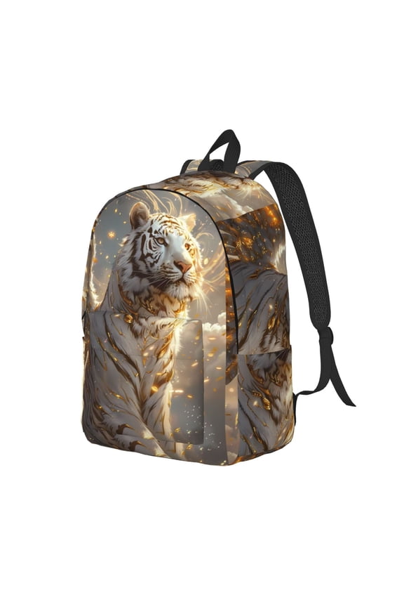 Golden White Tiger Print Canvas Backpack for Women & Men Retro Aesthetic Rucksack Basic Backpack for High School/College Students Travel Laptop Bag