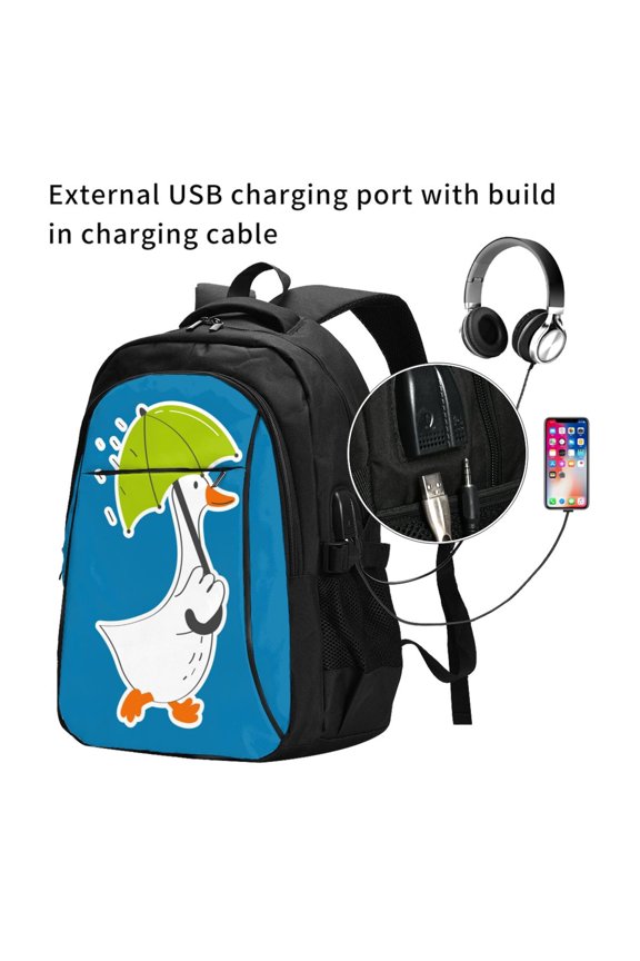 Goose Holding an Umbrella Print Travel Laptop Backpack,Slim Sturdy Laptops Backpack with USB Charging Port, Water Resistant College School Computer Bag