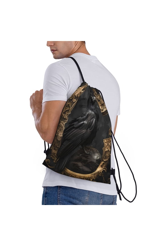 Gothic Raven Portrait Print Drawstring Backpack Bag Sport Gym Sackpack Heavy Duty String Backpack for Men Women
