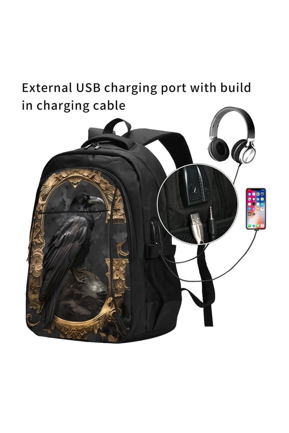Gothic Raven Portrait Print Travel Laptop Backpack,Slim Sturdy Laptops Backpack with USB Charging Port, Water Resistant College School Computer Bag