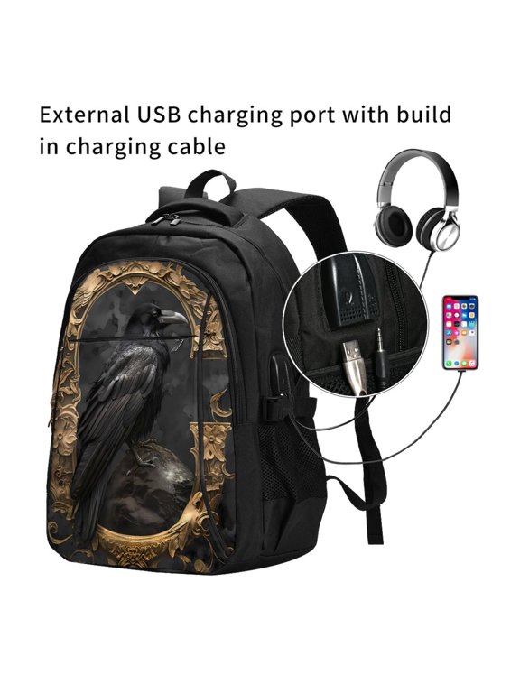 Gothic Raven Portrait Print Travel Laptop Backpack,Slim Sturdy Laptops Backpack with USB Charging Port, Water Resistant College School Computer Bag