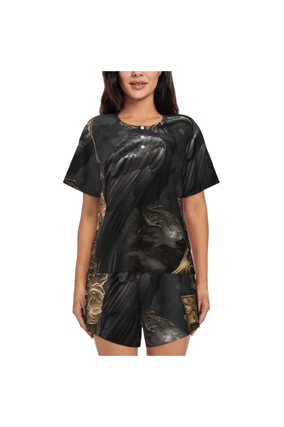 Gothic Raven Portrait Print Womens Pajama Sets 2 Piece Soft Short Sleeve Top and Shorts Sleepwear Round Neck Pjs Lounge Set