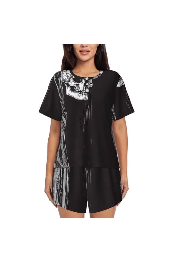 Gothic Skull Drape Print Womens Pajama Sets 2 Piece Soft Short Sleeve Top and Shorts Sleepwear Round Neck Pjs Lounge Set
