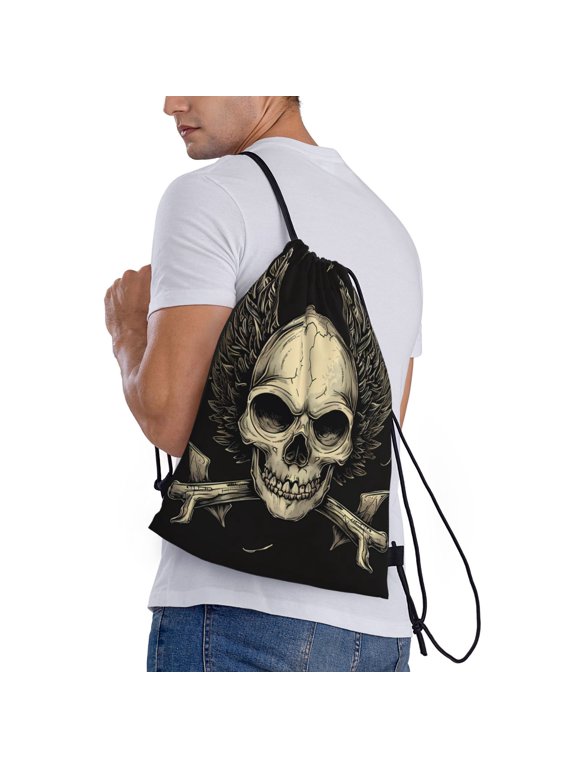 Gothic Winged Skull Print Drawstring Backpack Bag Sport Gym Sackpack Heavy Duty String Backpack for Men Women