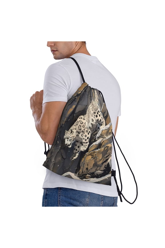 Graceful Snow Leopard Print Drawstring Backpack Bag Sport Gym Sackpack Heavy Duty String Backpack for Men Women